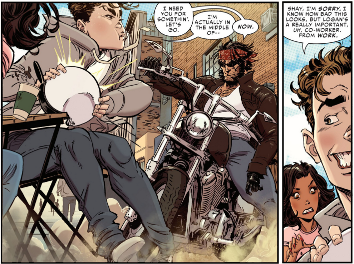 A gruff biker man pulls up to a couple at a table.